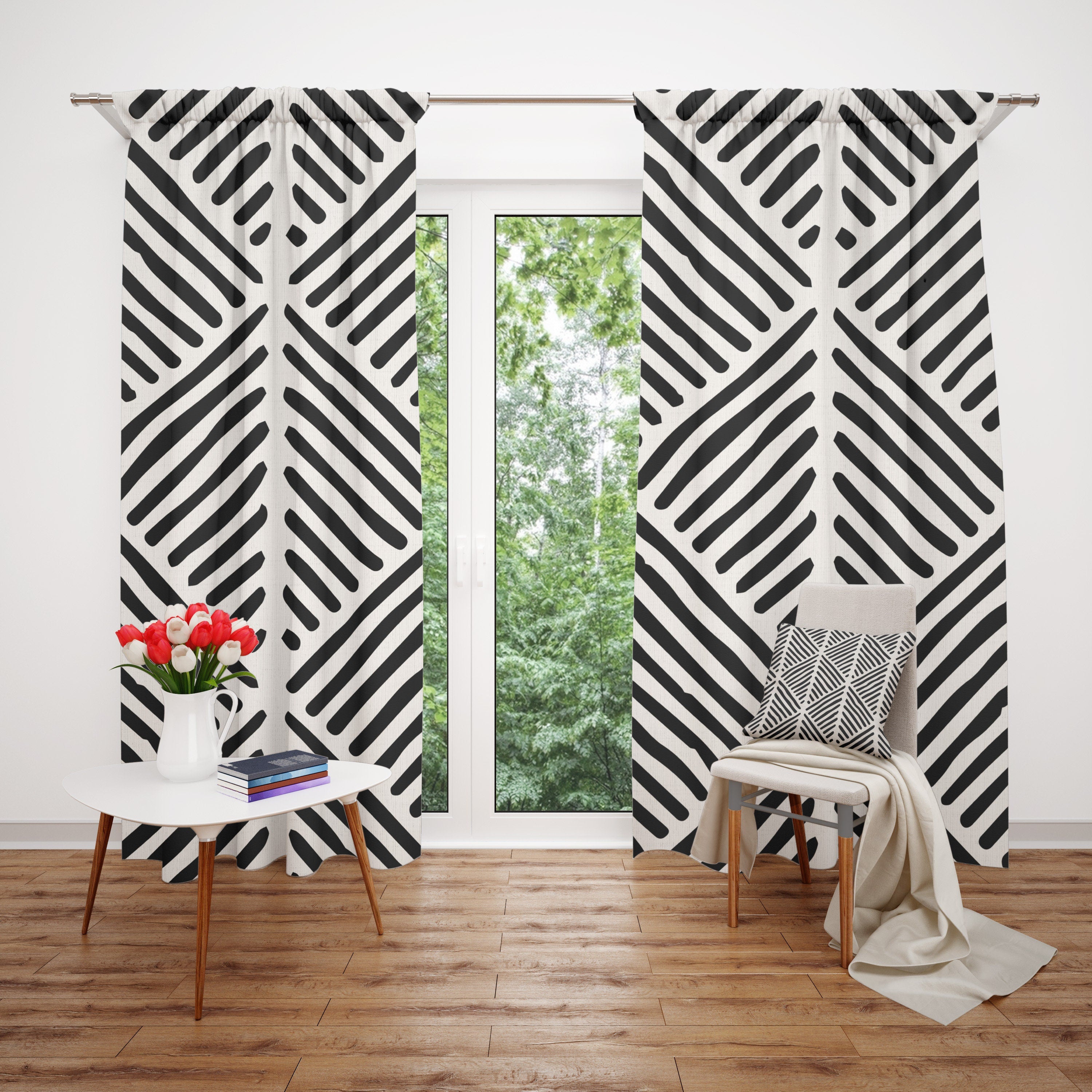 Scandinavian Geometric Black White Blackout Window Curtain DOUALA