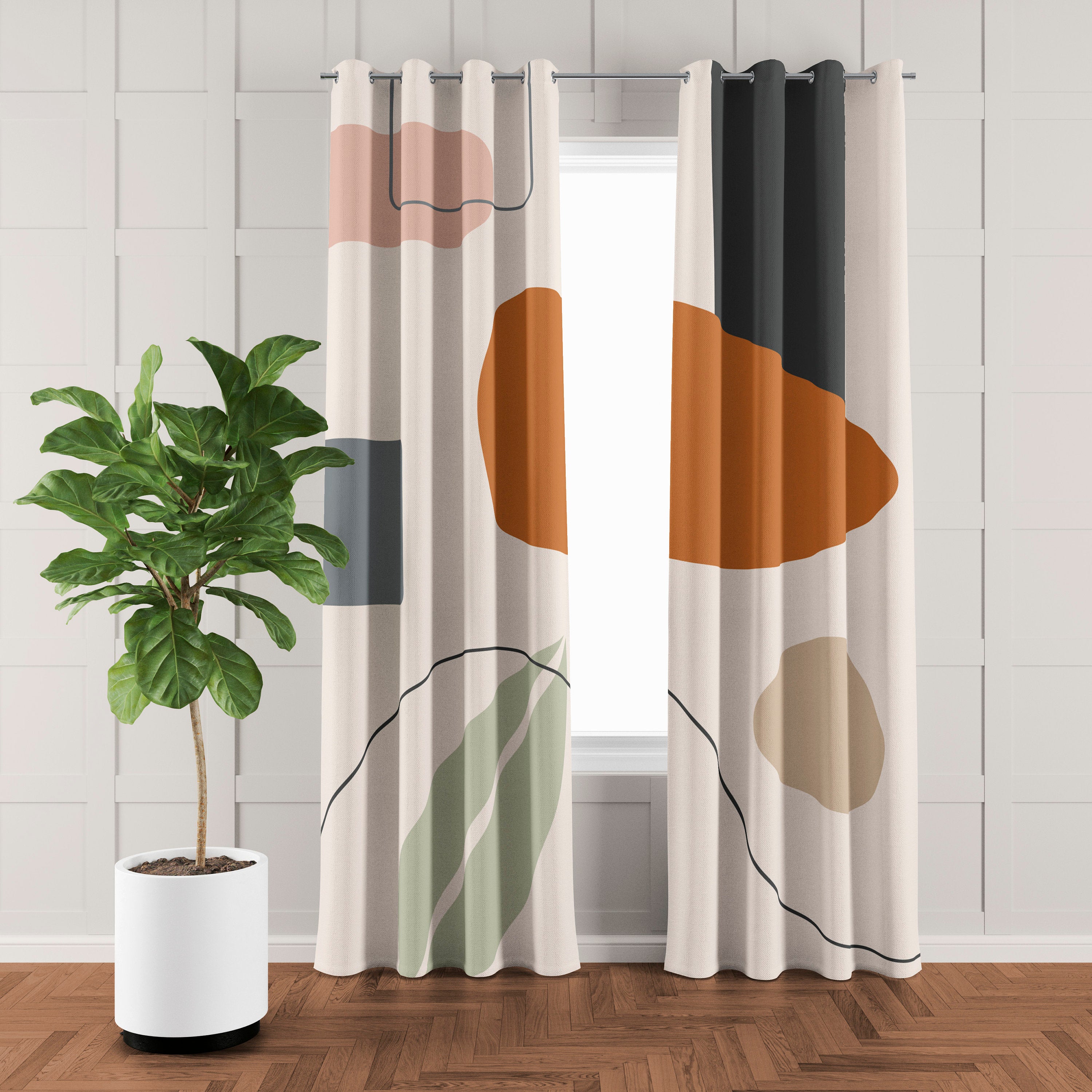 Scandinavian Abstract Art Burnt Orange Sage Green Blackout Window Curtains EILEEN - 2 Panels - Nursery Curtains
