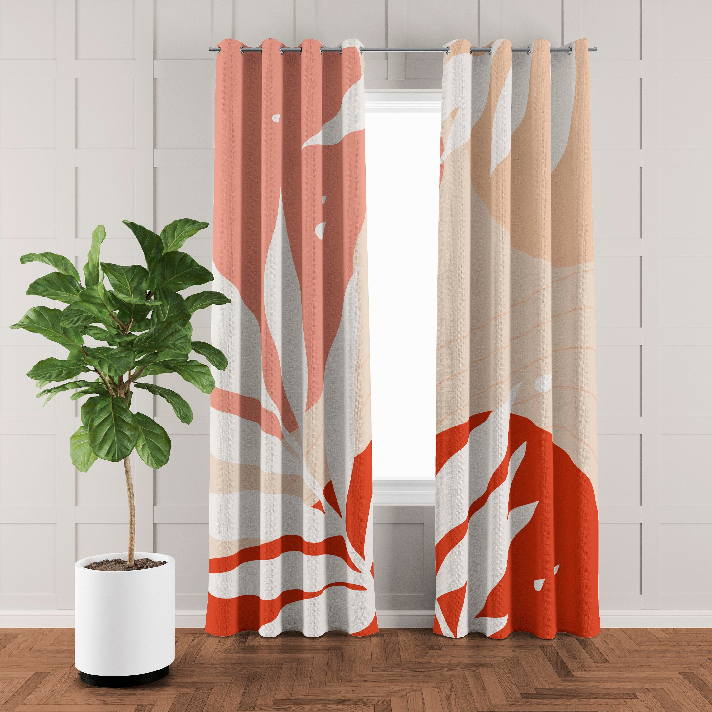 Abstract Leaves Pink Red Beige Botanical Blackout Window Curtains HAMA - 2 Panels