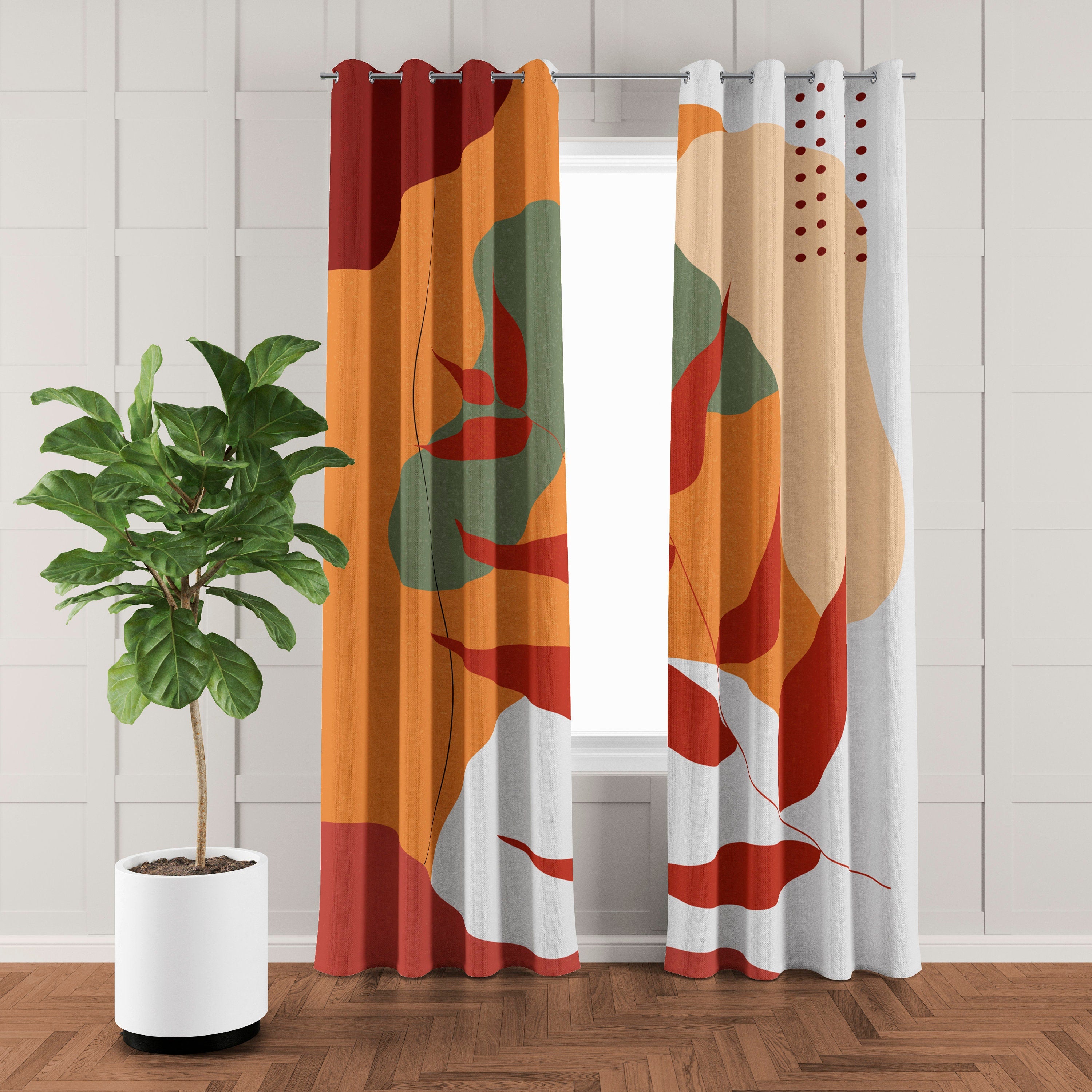 Abstract Tropical Leaf Orange Red Blackout Window Curtains LYRIA - 2 Panels