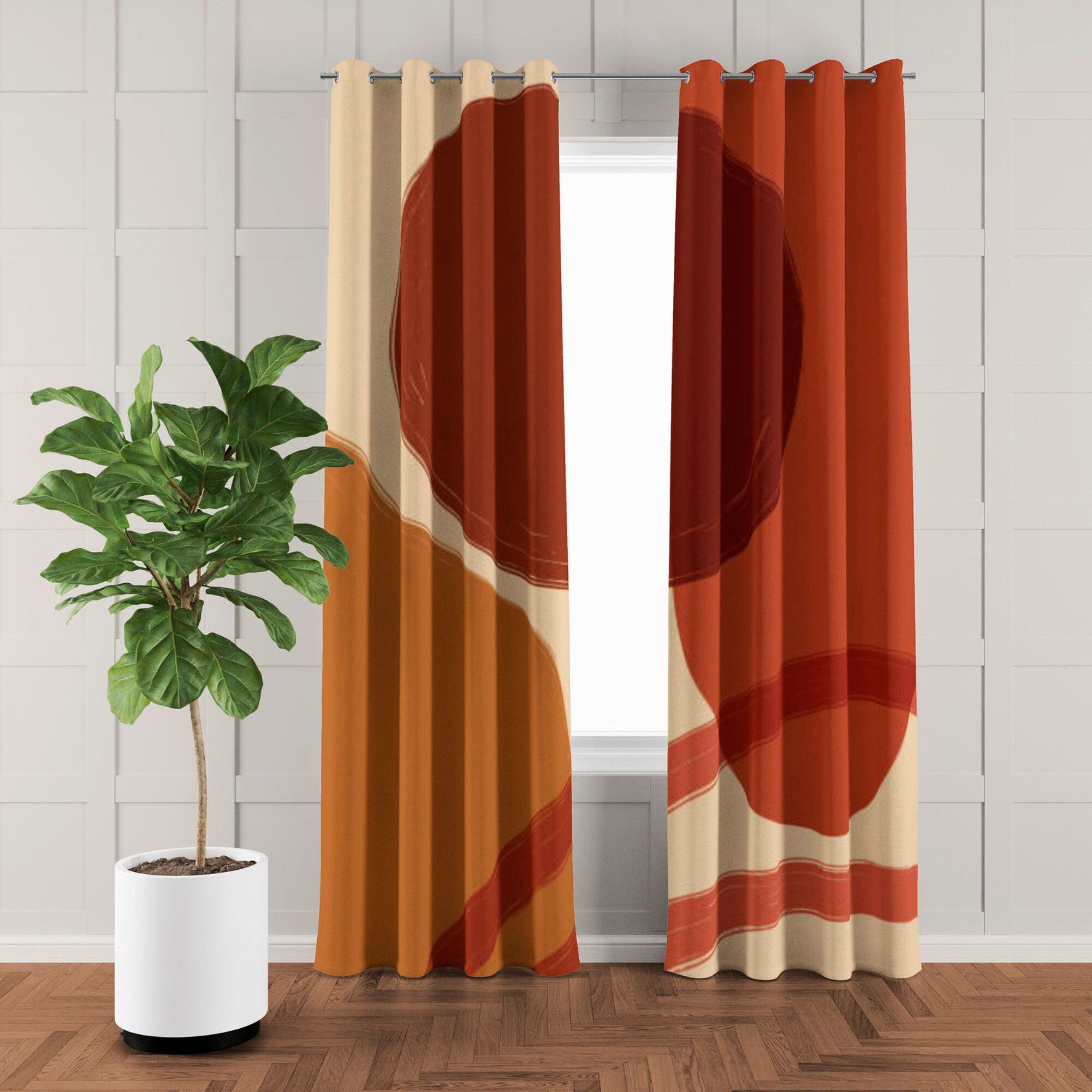 Abstract Mid Century Modern Warm Red Terracotta Blackout Window Curtains FLORENCE - 2 Panels