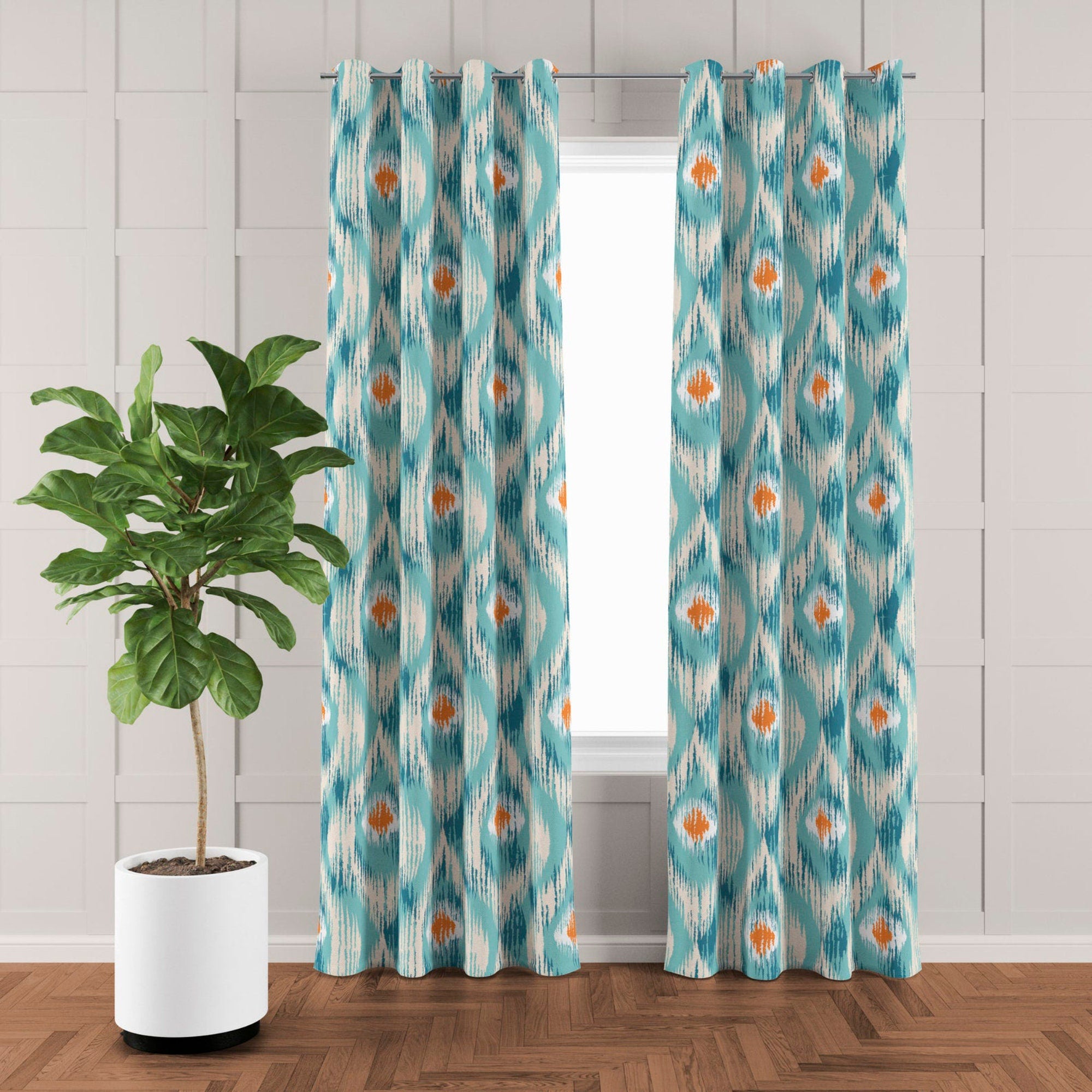Peacock Feathers Ikat Orange Teal Blue Blackout Window Curtain HADI