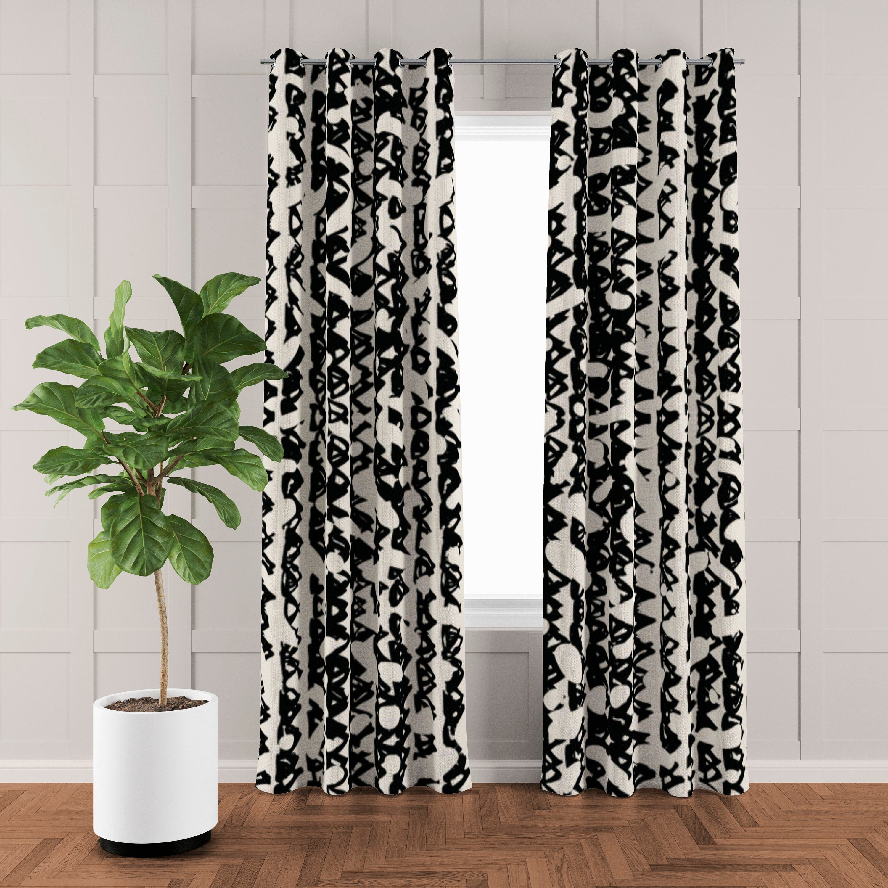 Abstract Organic Triangle Shibori Black Off-White Blackout Window Curt ...