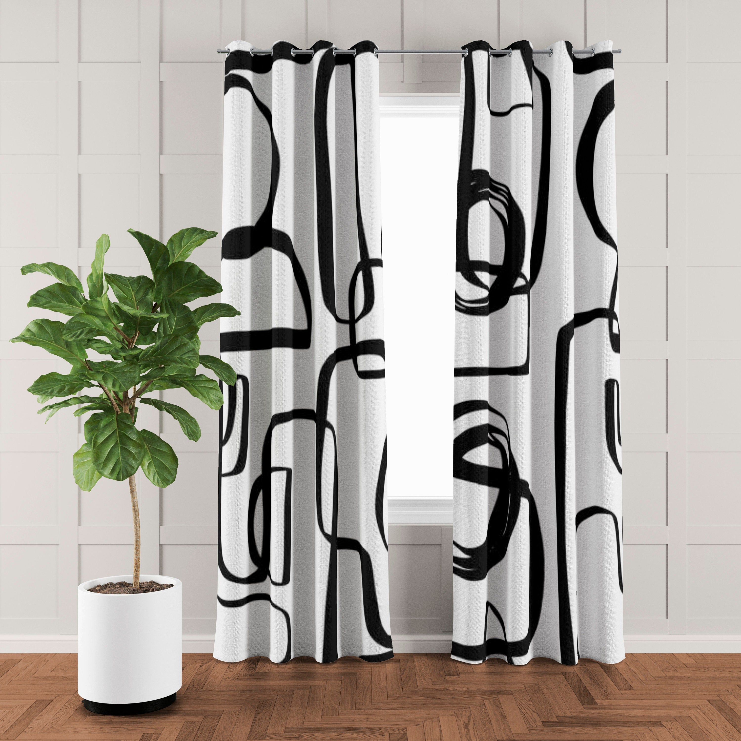 Abstract Geometric Black White Mid Century Modern Blackout Window Curt ...