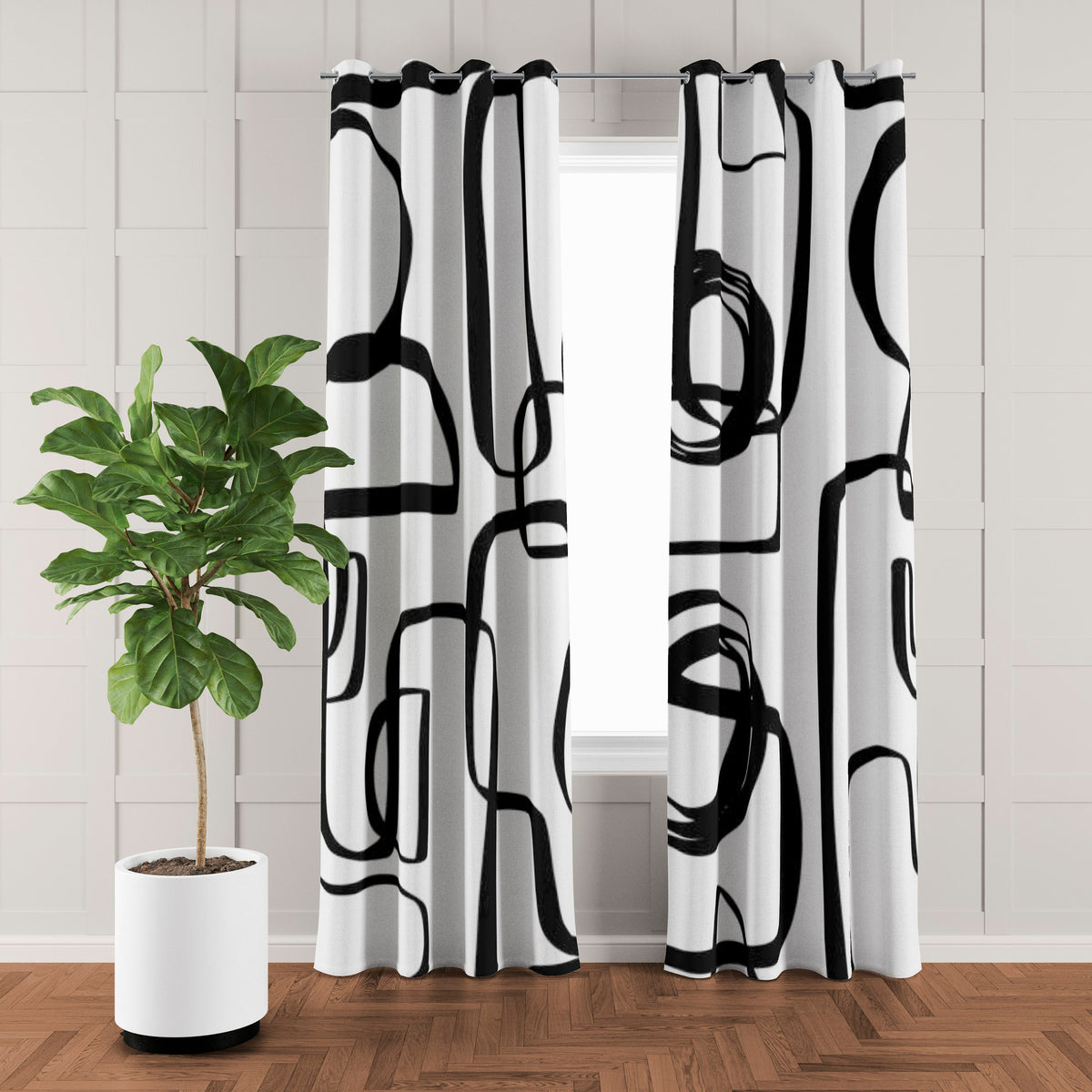 Abstract Geometric Black White Mid Century Modern Blackout Window Curt ...