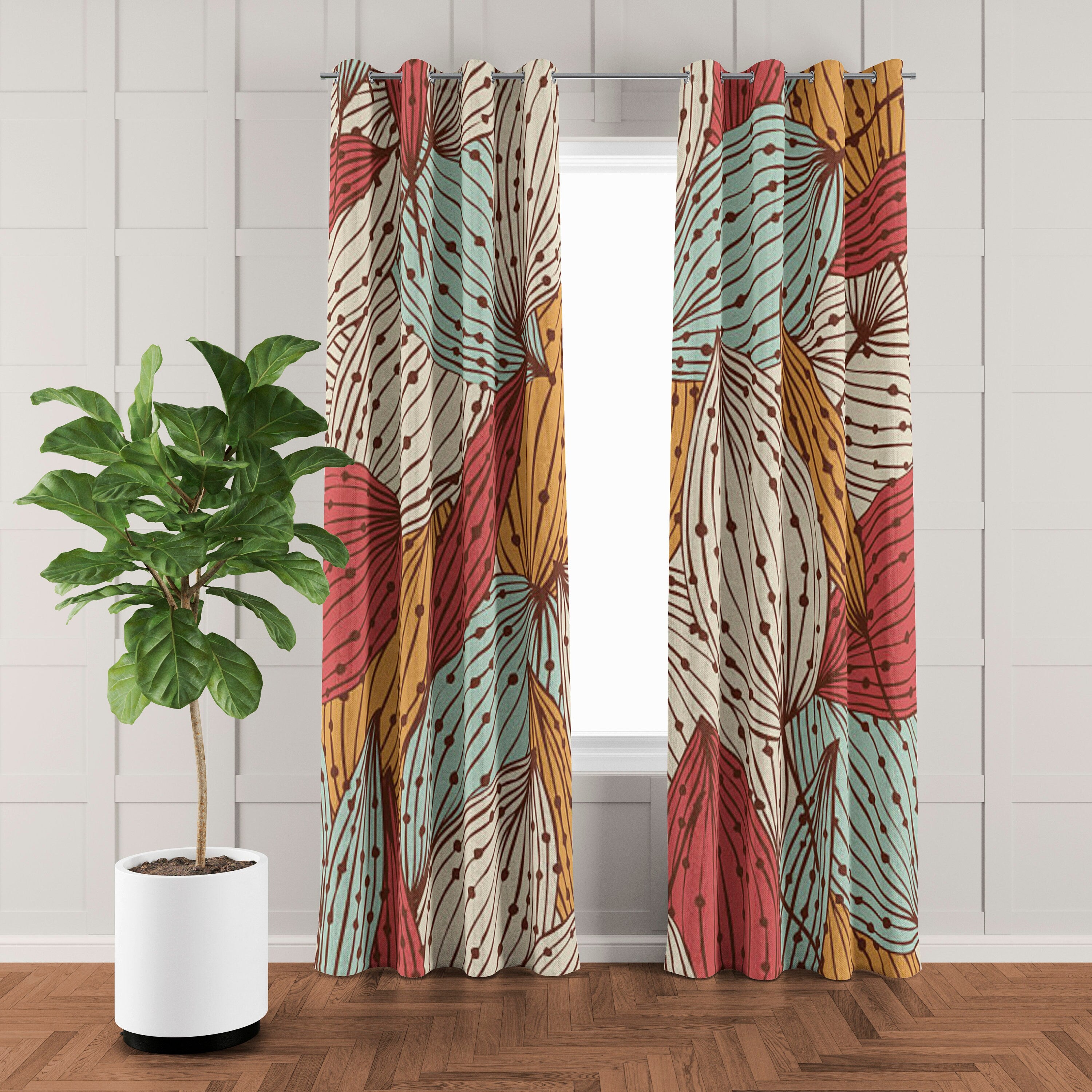 Abstract Decorative Leaves Mid Century Modern Blackout Window Curtain ALYSSUM