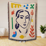 Woman Portrait Abstract Matisse Inspired Boho Cotton Woven Throw Blanket LYDIA