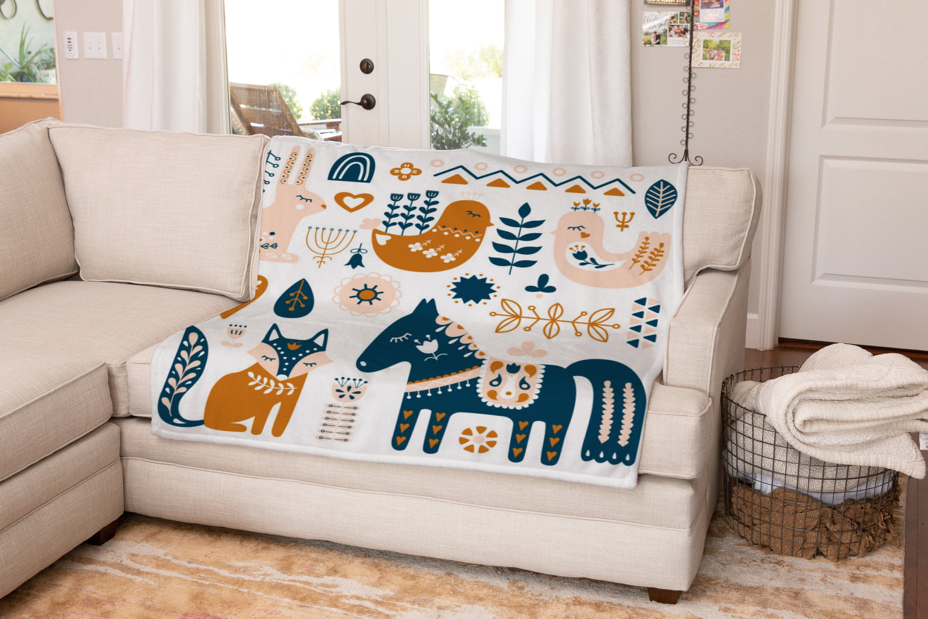 Scandinavian Folk Art Horse Animals Nordic Fleece Throw Blanket