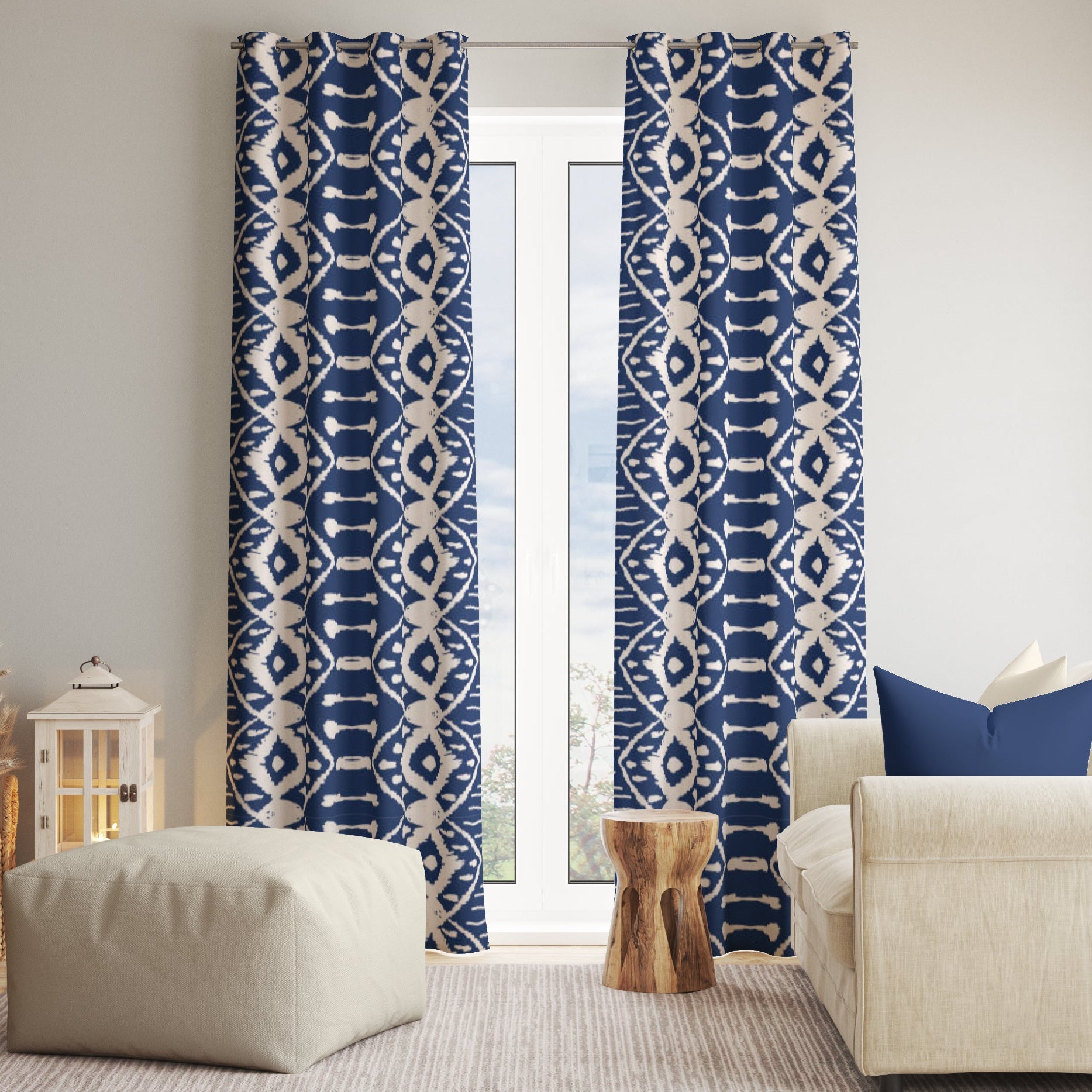 Abstract Wabi Sabi Shibori Japanese Print Blue Blackout Window Curtain KASEEM