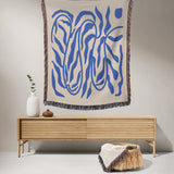 Abstract Minimal Blue Plants Organic Matisse Inspired Boho Cotton Woven Throw Blanket WAVES